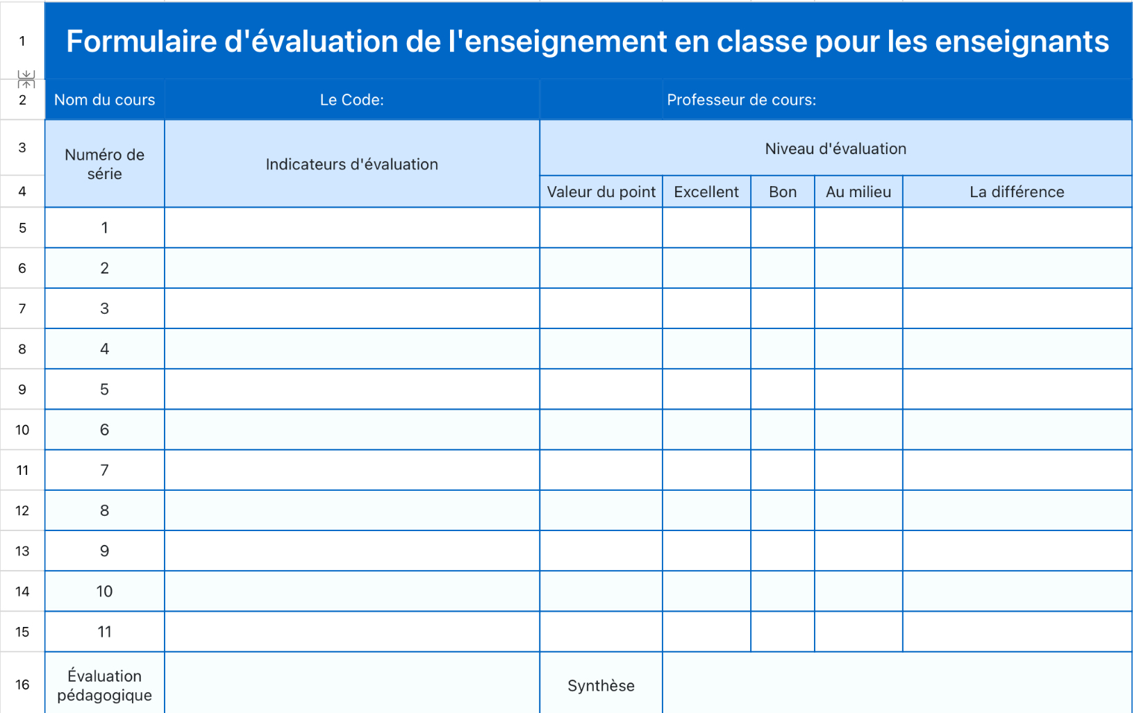 Formulaire d'évaluation de l'enseignement en classe pour les enseignants